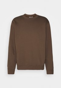 Brauner Rundhalsausschnitt-Pullover aus weichem Material. Mit langen Ärmeln und gerippten Bündchen. Einfaches Design ohne sichtbare Muster oder Akzente.