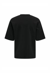 Schwarzes Baumwoll-T-Shirt mit kurzen Ärmeln, Rundhalsausschnitt und lockerem Schnitt. Glatte Textur ohne sichtbare Muster oder Akzente.