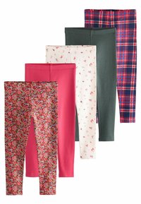 Viisi paria legginssejä: kukkakuosiset, yksiväriset vaaleanpunaiset, valkoiset pienillä kukilla, tummanvihreät sekä ruutukuosiset tummansinisinä ja punaisina. Eri värejä ja kuvioita.
