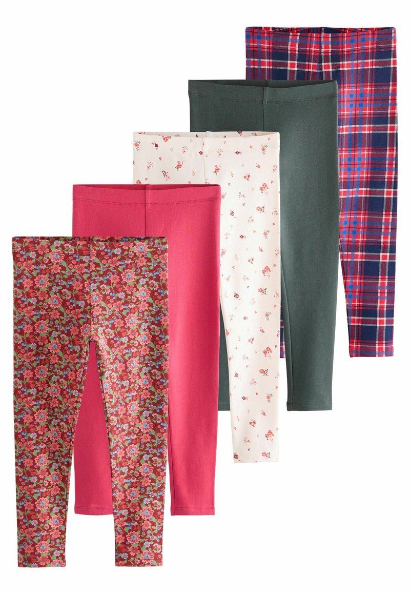 Viisi paria legginssejä: kukkakuosiset, yksiväriset vaaleanpunaiset, valkoiset pienillä kukilla, tummanvihreät sekä ruutukuosiset tummansinisinä ja punaisina. Eri värejä ja kuvioita.