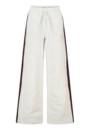 Lichtgrijze joggingbroek met wijde pijpen, elastische tailleband, trekkoord en donkere zijstrepen. Klein logo gedrukt op de rechterdij.