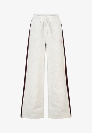 Lichtgrijze joggingbroek met wijde pijpen, elastische tailleband, trekkoord en donkere zijstrepen. Klein logo gedrukt op de rechterdij.