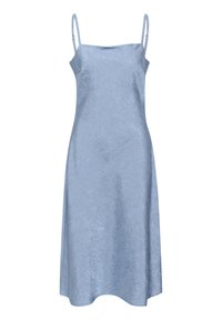 Rochie slip bleu deschis cu bretele subțiri, realizată dintr-un material creponat. Prezintă un decolteu drept și o siluetă în formă de A.