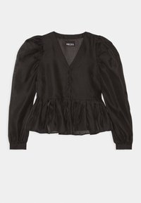 Blusa nera con scollo a V, maniche a sbuffo e orlo a peplum. Realizzata in un tessuto liscio con chiusura a bottoni sul davanti.