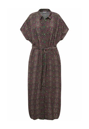 Lang, losvallende jurk in donkerpaars met een groen en roze paisleypatroon, knoopsluiting aan de voorkant en bijpassende strikceintuur in de taille.