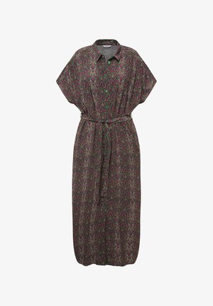 Długa, luźno dopasowana sukienka w ciemnym fiolecie z zielonym i różowym wzorem paisley, zapinana na guziki z przodu, z dopasowanym paskiem w talii.