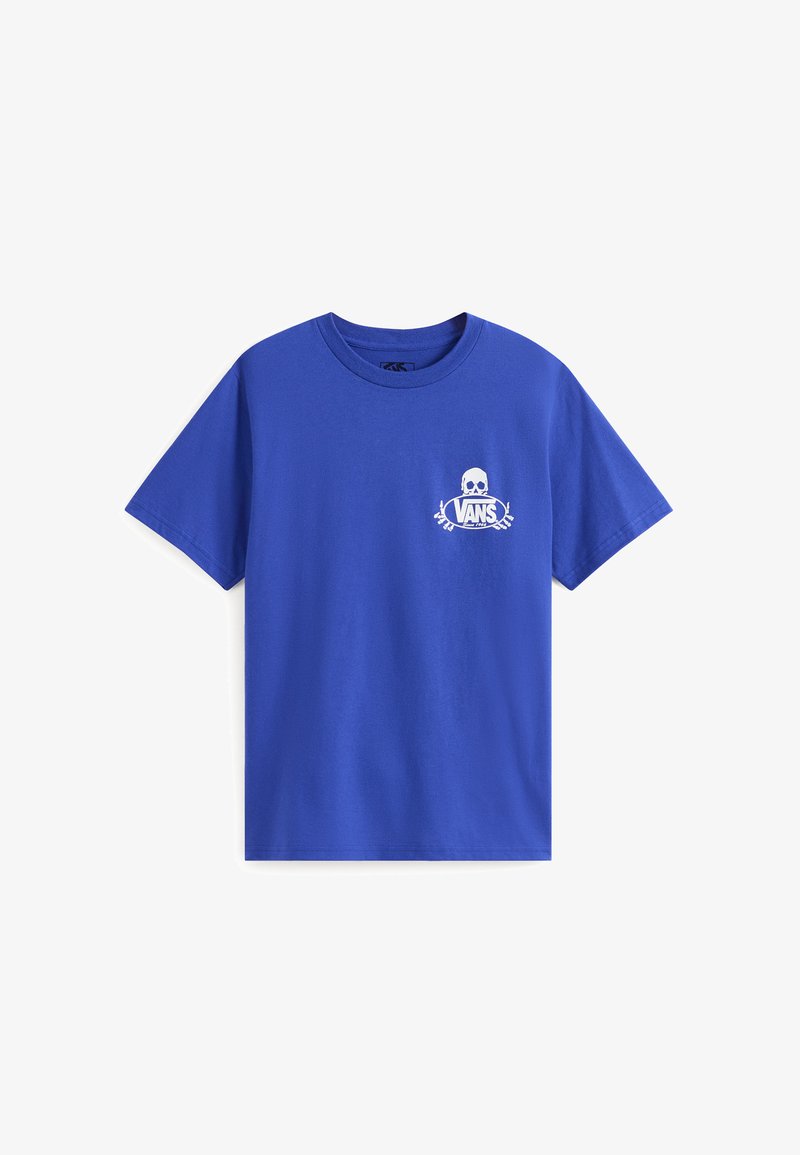 T-shirt en coton bleu à manches courtes, col rond, avec un logo Vans blanc représentant une tête de mort et des os croisés sur la poitrine gauche.