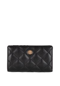 Črna usnjena denarnica z vzorcem šiva, okroglim logotipom v zlatem odtenku in pravokotno obliko z gladko teksturo.