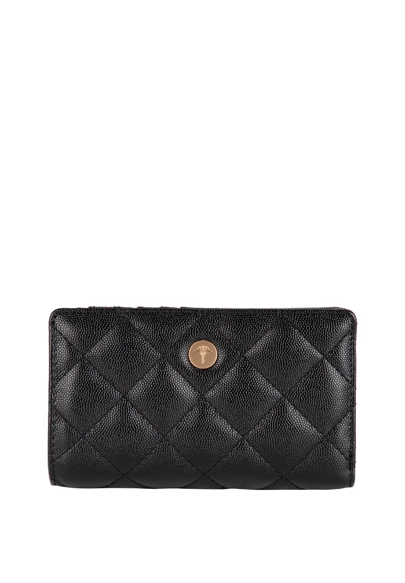 Črna usnjena denarnica z vzorcem šiva, okroglim logotipom v zlatem odtenku in pravokotno obliko z gladko teksturo.