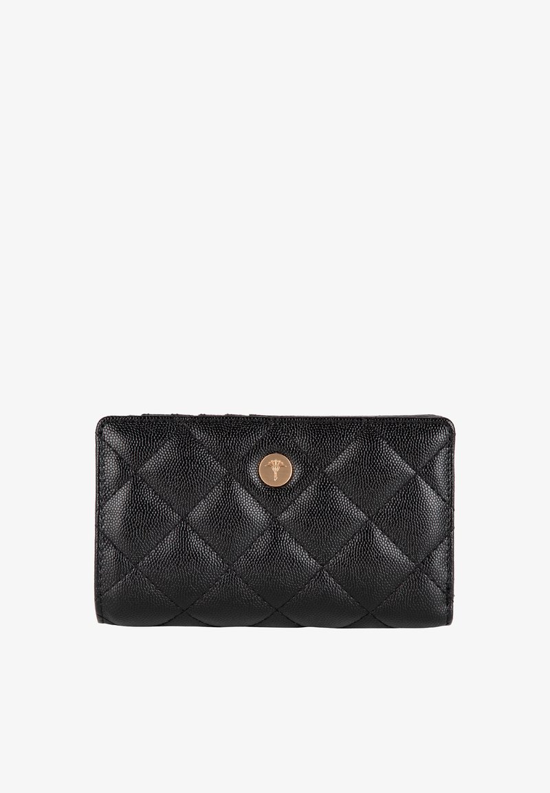 Črna usnjena denarnica z vzorcem šiva, okroglim logotipom v zlatem odtenku in pravokotno obliko z gladko teksturo.