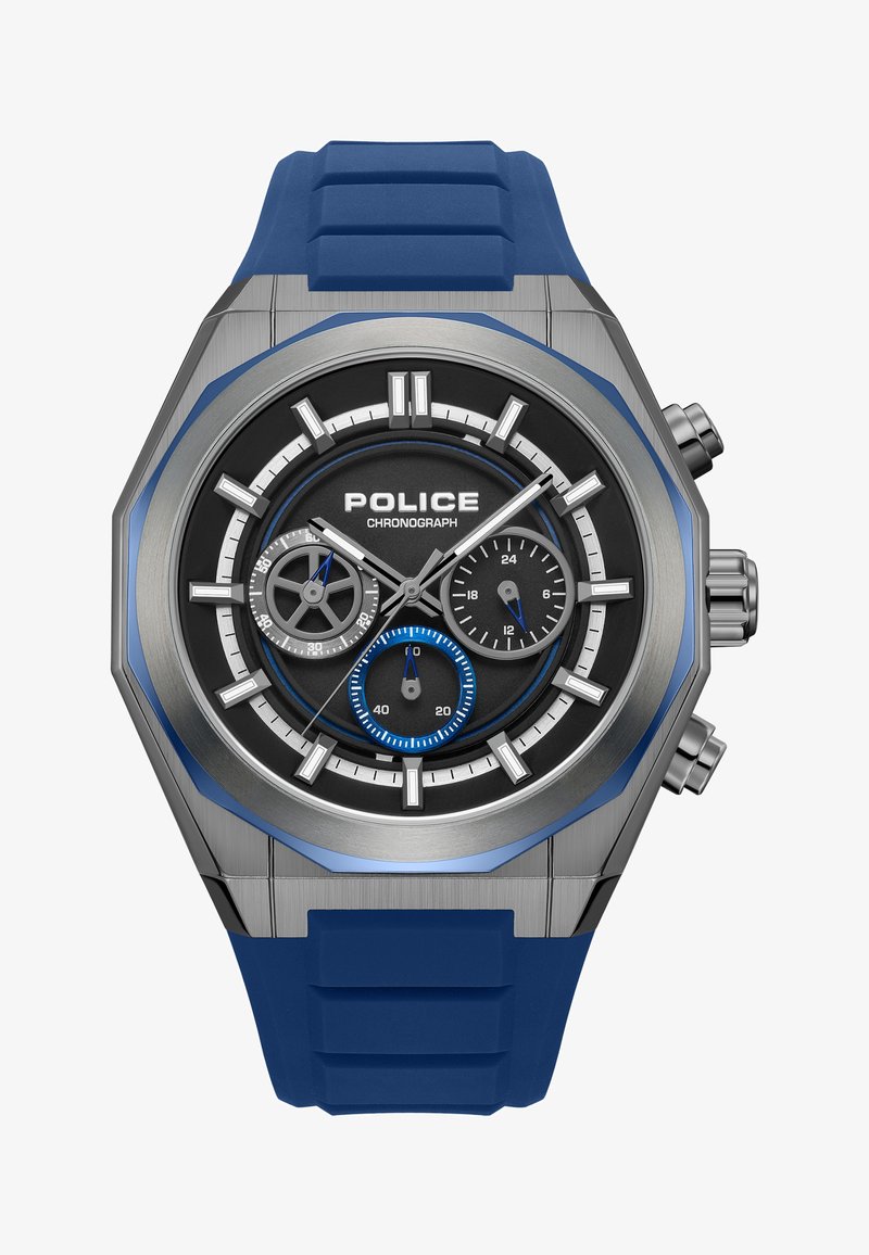 Montre chronographe avec cadran noir et argent, bracelet en silicone bleu, index argentés, et trois sous-cadrans affichant les secondes, les minutes et l'heure sur 24 heures.