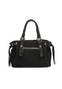 Sac à main en suède noir avec deux poignées, poche zippée à l'avant, détails de sangle à boucle et fermetures à cordon sur les côtés avec embouts en métal.