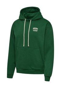Sweat à capuche vert avec poche avant, cordons blancs et petit logo blanc hummel sportswear sur la poitrine gauche.