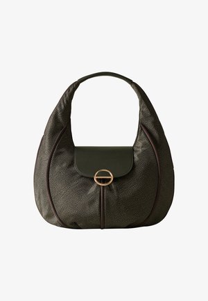 Borsa hobo verde scuro con trama, forma arrotondata, manico curvo, chiusura a patta e fibbia circolare dorata.