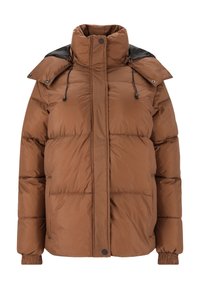 Brun puffjakke med høj krave, der har en sort hætte, justerbare snore og elastiske manchetter. Strukturert quiltet design.
