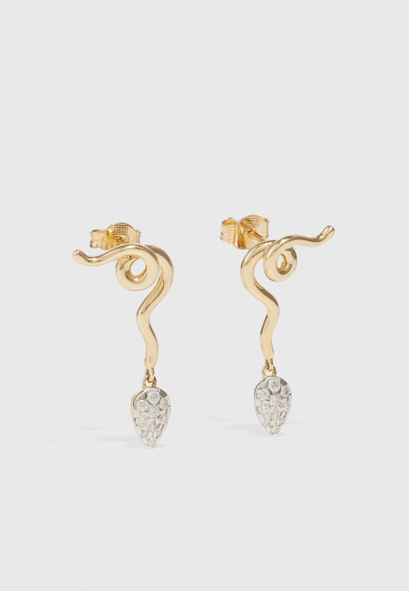 Aukso auskarai su spiralės dizainu, turi ašaros formą, papuoštą blizgančiais skaidriais kristalais. Užtikrintas fiksatorius.