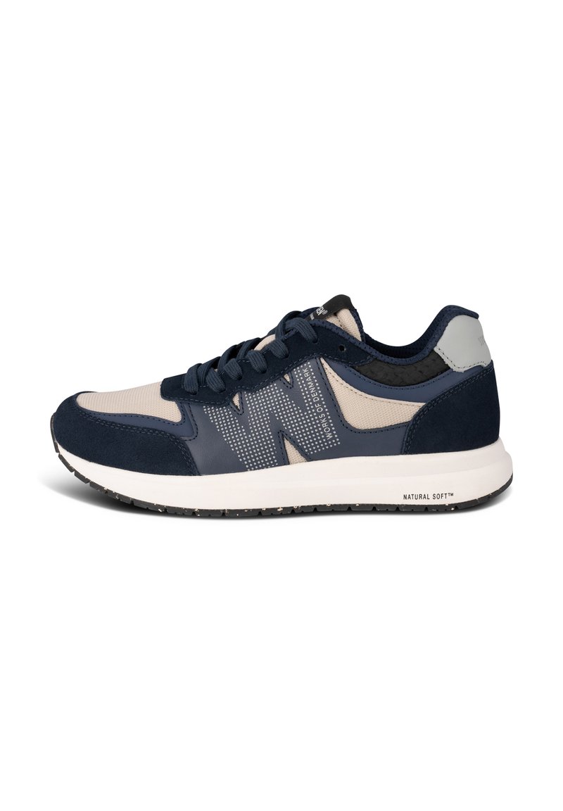 Men's sneaker with a navy suede and mesh upper, light gray accents, white midsole, and dotted design detail on the side. Black laces.