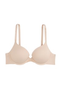 Beige balconette bra featuring smooth, padded cups, adjustable thin straps, and a seamless design for discreet wear under clothing.