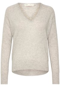 Pull doux en maille gris clair avec manches longues et encolure en V, poignets et ourlet côtelés, coupe décontractée pour temps frais.
