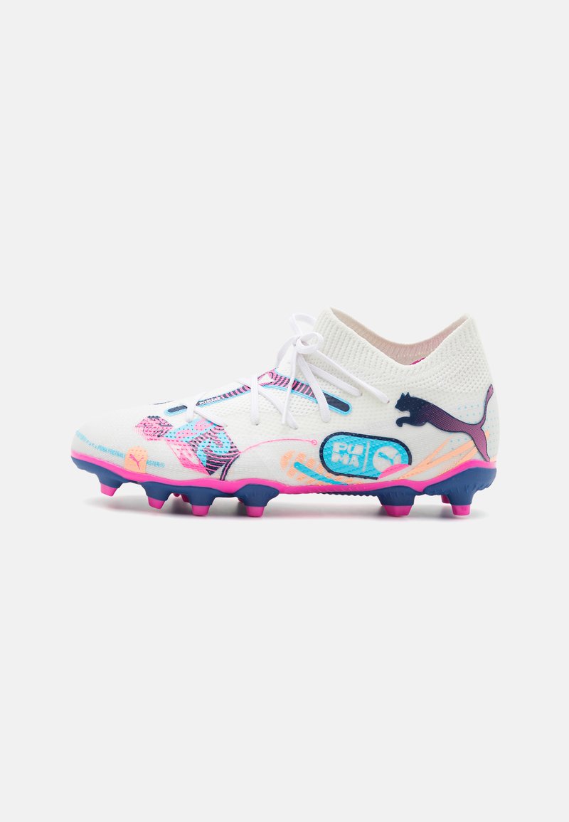 Puma FUTURE 7 MATCH VOL. UP FG/AG JR UNISEX - Firm-ground football boots - white/luminous blue/poison pink/fizzy melon