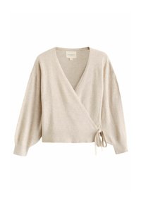 Bežna oblačila s preklopom iz mehke pletenine, ki ima globok V-izrez, široke rokave in zavezovanje na strani. Riban rob na dnu.