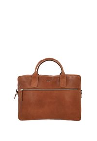 Brown leather briefcase with dual handles and a front horizontal zipper pocket on a white background.