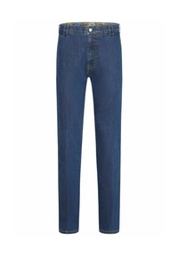 Jeans en denim bleu foncé, design à jambe droite, avec une fermeture à bouton et fermeture éclair, et une doublure à motifs à la taille.