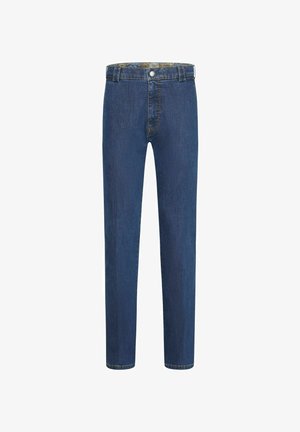 Donkerblauwe denim jeans met een recht ontwerp, voorzien van een knoop- en ritssluiting, en een gemusterde voering in de tailleband.
