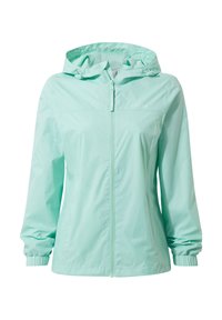 Light mint green waterproof jacket with a zip front, adjustable hood, elastic cuffs, and breathable fabric. Smooth texture, minimalistic design.