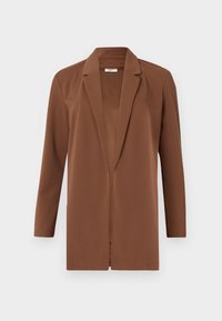 Hnědý blejzer vyrobený z hladké tkaniny, s dlouhým střihem, klopovými límci a otevřeným předním dílem s dlouhými rukávy.