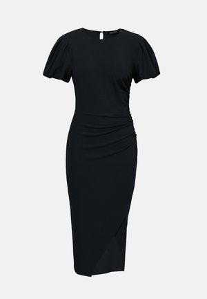 Vestido midi negro con mangas abullonadas, escote redondo, fruncido lateral y dobladillo asimétrico.