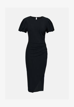 Vestido midi negro con mangas abullonadas, escote redondo, fruncido lateral y dobladillo asimétrico.