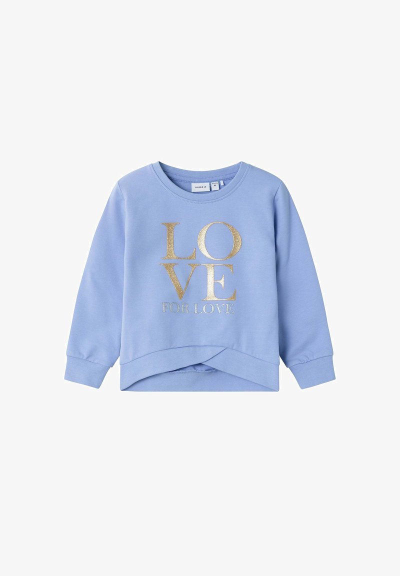Sweat-shirt en coton bleu avec un col rond, des manches longues et un graphisme doré sur le devant affichant "LOVE FOR LOVE". Design court.