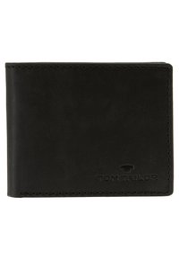 Black leather wallet with a smooth texture, featuring visible stitching and an embossed logo on the front. Corners are rounded.