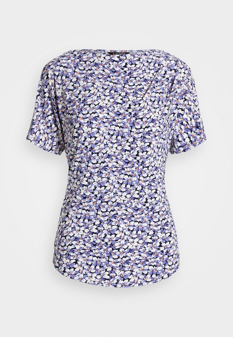 Květinová blůza s krátkými rukávy, kulatým výstřihem a fialovým pozadím s bílými a žlutými květinovými vzory. Lehká látka.