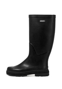 Zwarte rubberen regenlaars met een gladde textuur, ronde neus en een logopatch. Heeft een middellange schachthoogte en een geprofileerde zool voor grip.