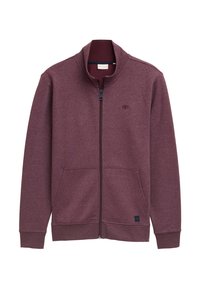 Giacca in pile bordeaux con zip, colletto alto, tasche frontali e polsini a costine. Presenta un logo sul petto e una superficie liscia.