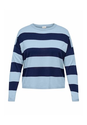 Sweter dzianinowy o luźnym kroju, z naprzemiennymi jasnoniebieskimi i granatowymi paskami. Miękka struktura i okrągły dekolt podkreślają jego swobodny styl.