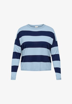 Strikket sweater med en afslappet pasform, der har vekslende lyseblå og marineblå striber. Den bløde tekstur og rund halsudskæring bidrager til det uformelle design.