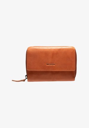 Brown leather wallet with a smooth texture, zip closure, and a front flap. Features subtle stitching and embossed branding.