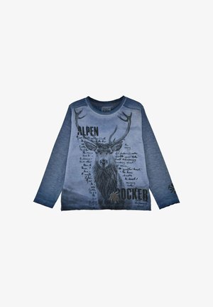 Long-sleeve blue shirt featuring a stag graphic with antlers, overlaid text in various fonts, and a slightly faded texture.