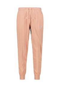 Light pink jogger pants made of soft fabric, featuring an elastic waistband with drawstring, tapered legs, and a small logo in silver.