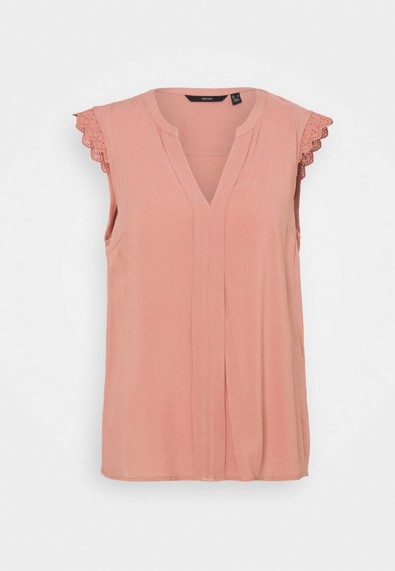 Blouse sans manches rose poussiéreux avec encolure en V et manches courtes bordées de dentelle, avec une coupe décontractée et des détails de coutures verticales.