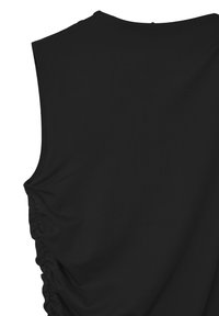 Top nero senza maniche con scollatura tonda, caratterizzato da dettagli arricciati sui lati per un tocco di texture. Tessuto liscio su tutta la superficie.