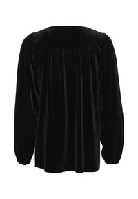 Black velvet top with a rounded neckline, long puff sleeves, and gathered detailing at the yoke, featuring a soft and shiny texture.
