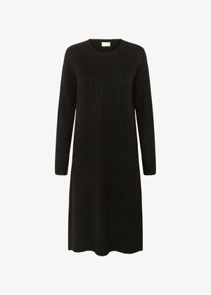 Melnā adīta kleita, garās piedurknes, apaļš kakls, ribota aproce. Gluda tekstūra ar taisnu siluetu, vidukļa garums.