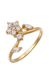 Guldring med flere runde og marquise-formede klare ædelsten i et klyngedesign, med en glat ring og minimale udsmykninger.