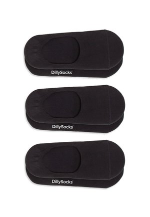 Czarne skarpetki niskie, ułożone w trzy pary, charakteryzujące się gładką teksturą, elastycznym paskiem i wzmocnionym wyposażeniem palców. Wyświetlone logo "DillySocks".