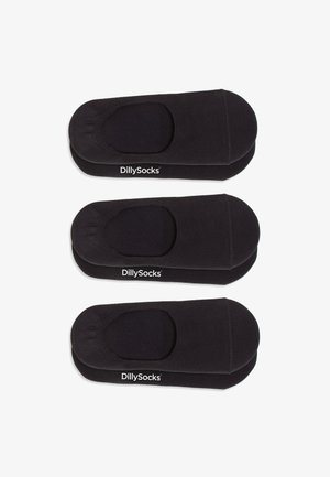 Calze nere a taglio basso disposte in tre paia, caratterizzate da una texture liscia, fascia elastica e punta rinforzata. Logo "DillySocks" visibile.