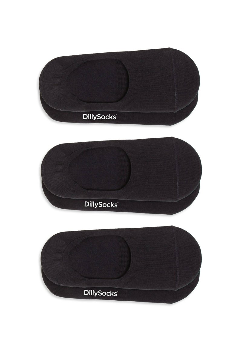 Calcetines negros de corte bajo dispuestos en tres pares, con una textura suave, banda elástica y diseño de puntera reforzada. Se muestra el logo "DillySocks".